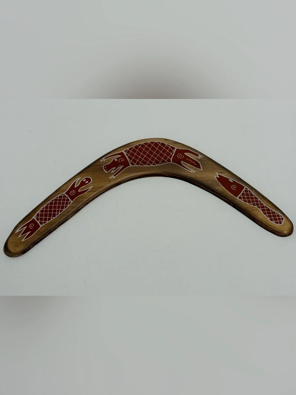 Vintage Hand Painted Australian Aboriginal Wood Boomerang Wall Decor 13.5
